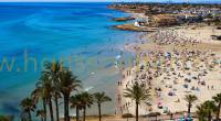 La Zenia beach filled with lots of people and palm trees.	